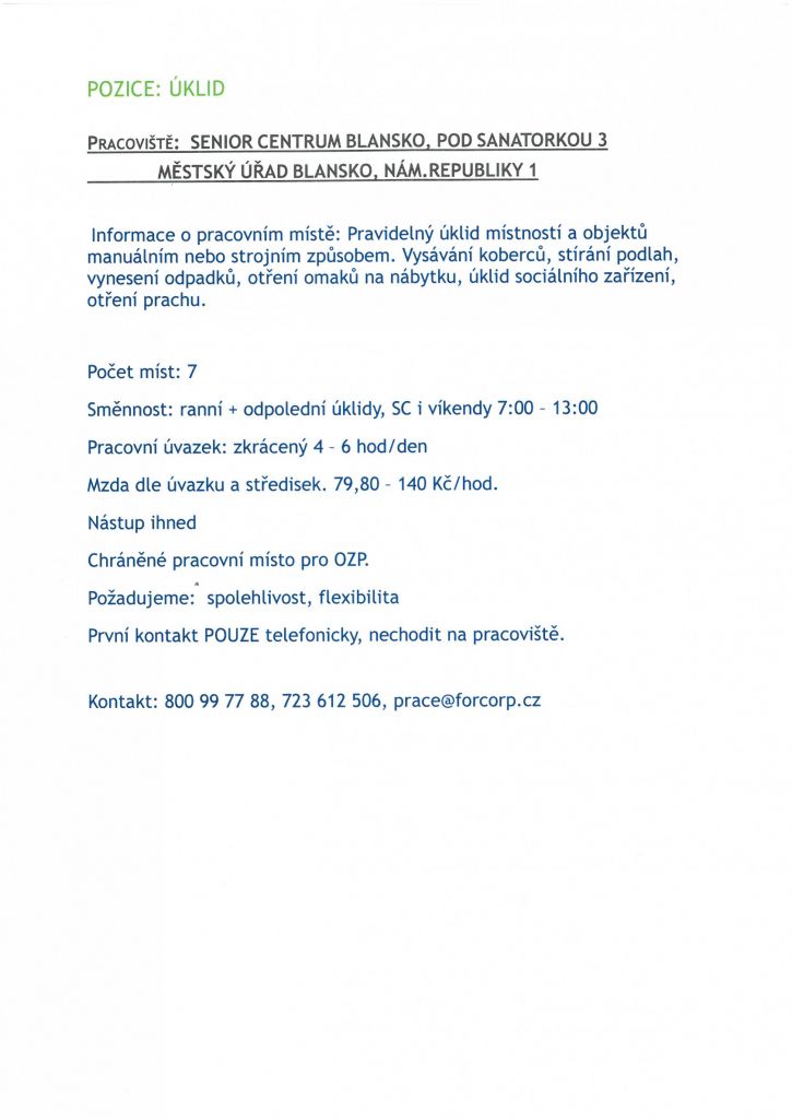 Nabídka práce Senior centrum Blansko