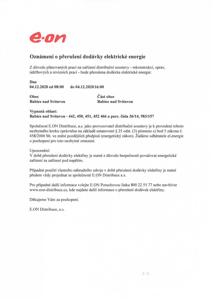 oznámení o přerušení dodávky el.energie