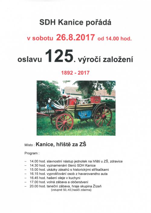 pozvánka SDH Kanice - 125. výročí založení