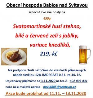 Svatomartinské husí stehno v Obecní hospodě Babice nad Svitavou 1