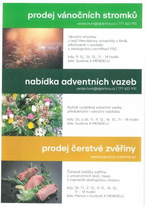 prodej vánočních stromků, nabídka adventních vazeb, prodej čerstvé zvěřiny 