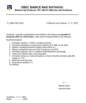 Svolání zastupitelstva obce Babice nad Svitavou 1