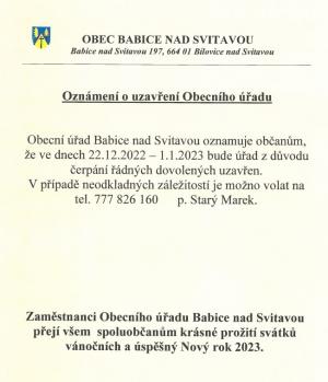 Uzavření Obecního úřadu Babice nad Svitavou 1