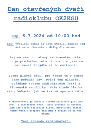 Pozvánka na Den otevřených dveří radioklubu OK2KGU. 1